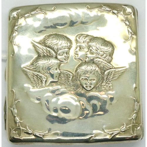 113 - Hallmarked silver cigarette case with Cherub decoration, Birmingham assay, H: 11 cm, 130g. P&P Group... 