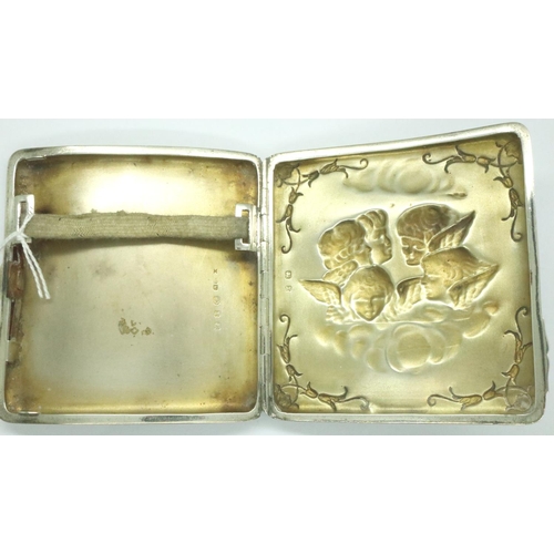 113 - Hallmarked silver cigarette case with Cherub decoration, Birmingham assay, H: 11 cm, 130g. P&P Group... 