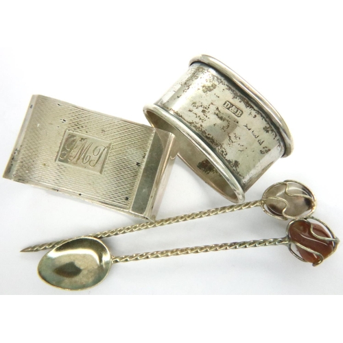 116 - Two hallmarked silver napkin rings, marks rubbed and a white metal spoon and pick. P&P Group 1 (£14+... 