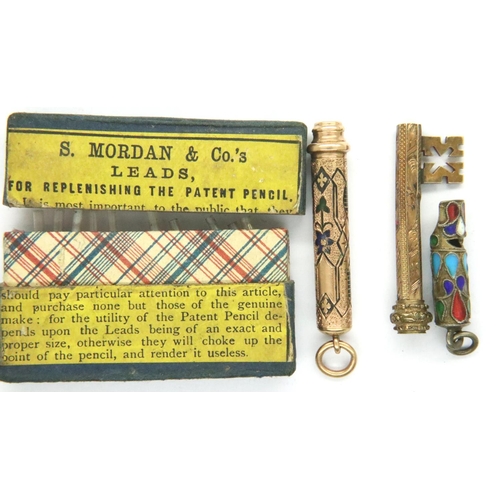 118 - Two 19th century yellow metal propelling pencils, a miniature whistle and a Samson Mordan pack of re... 