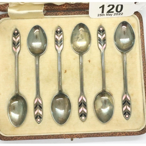 120 - Cased set of six hallmarked silver and coloured enamel coffee spoons, assay Birmingham 1931. P&P Gro... 