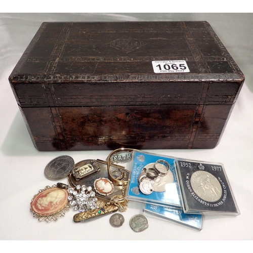 1065 - Antique box containing silver and other items. P&P Group 2 (£18+VAT for the first lot and £3+VAT for... 