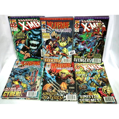 401 - Six Marvel comics: Wolverine unleashed 1999 and seven Essential X-men 199. P&P Group 2 (£18+VAT for ... 