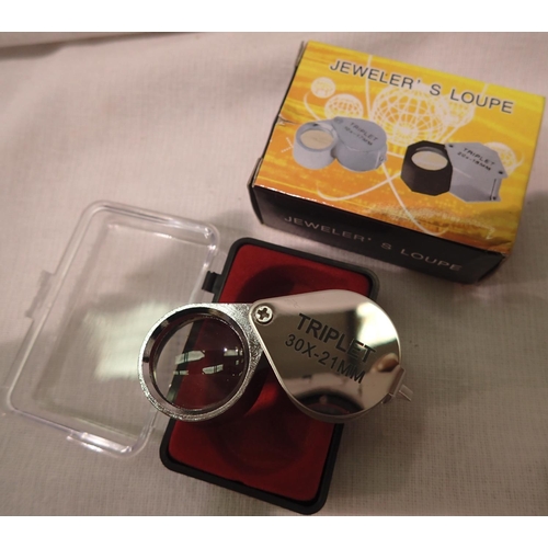 1103A - New old stock stainless steel folding 30 x 21 mm jewellers loupe with case. P&P Group 1 (£14+VAT for... 