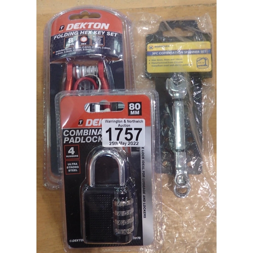 1757 - New padlock, spanner set and folding hex key set. P&P Group 2 (£18+VAT for the first lot and £3+VAT ... 