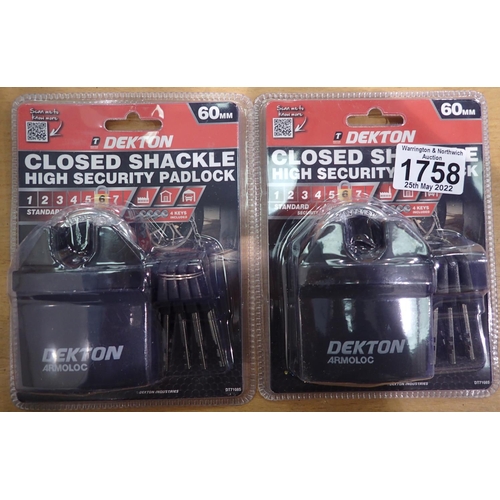 1758 - Two Dekton closed shackle high security padlocks. P&P Group 1 (£14+VAT for the first lot and £1+VAT ... 