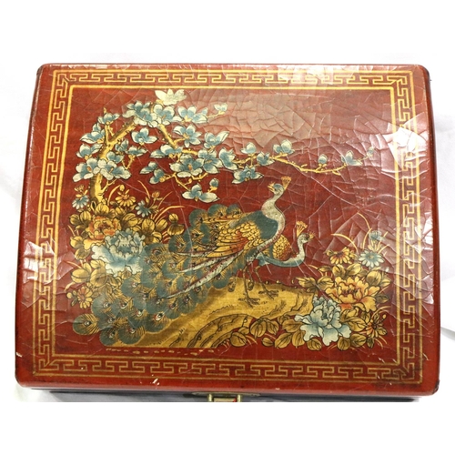 204 - Large Oriental lacquered four bottle wine box, 45 x 40 cm. Not available for in-house P&P, contact P... 