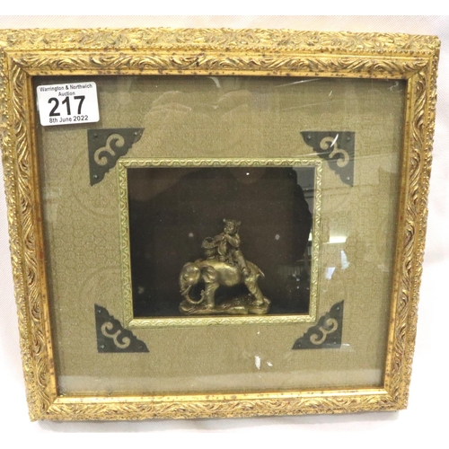 217 - Framed Chinese bronze man on elephant, overall 29 x 29 cm. P&P Group 3 (£25+VAT for the first lot an... 