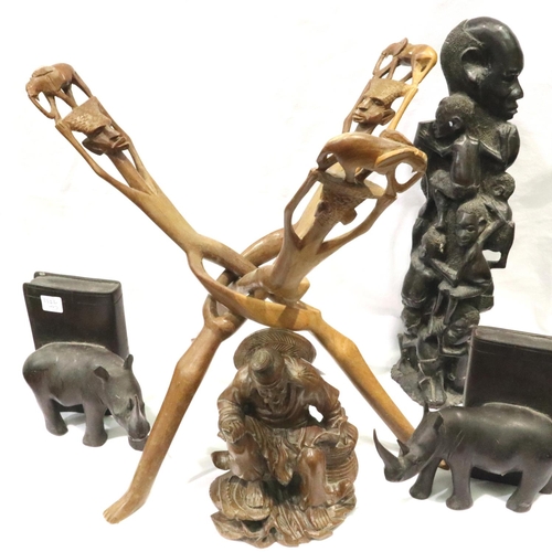 220 - Carved wooden figures including bookends, largest H: 50 cm. Not available for in-house P&P, contact ... 