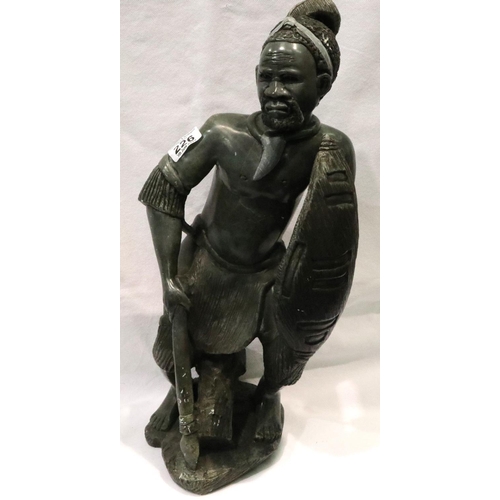 226 - Large hand carved grey marble African warrior figurine, H: 45 cm. P&P Group 3 (£25+VAT for the first... 