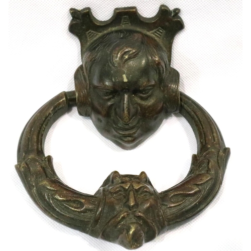 233 - Georgian cast bronze door knocker with Cernunnos mask and gentleman's head, H: 18 cm. P&P Group 2 (£... 