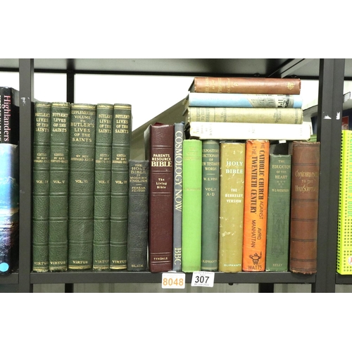 307 - Shelf of books on religious subjects including Butlers Lives of Saints, 5 volumes and Holy Bibles. N... 