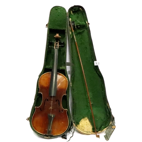 332 - Cased antique violin and bow. P&P Group 3 (£25+VAT for the first lot and £5+VAT for subsequent lots)