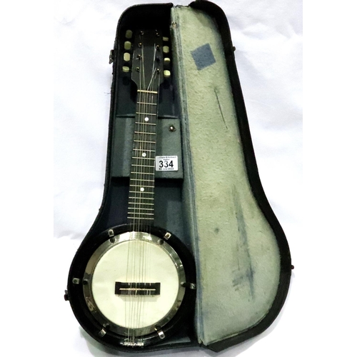 334 - Decorative inlaid banjo, with case. P&P Group 2 (£18+VAT for the first lot and £3+VAT for subsequent... 