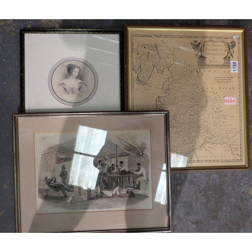 1180 - Morden 17th Century map of Lancashire and two Victorian prints. Not available for in-house P&P, cont... 