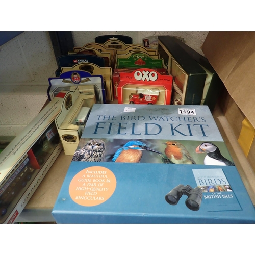 1194 - Mixed diecast vehicles in blister packs to include Oxford, Corgi etc, and a Bird Watchers Field Kit.... 