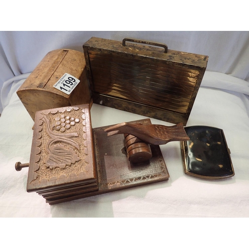 1199 - Two wooden cigarette boxes, a metal example and a metal cigarette case. Not available for in-house P... 