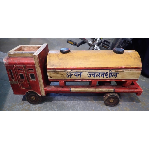 1233 - Scratch built wooden vintage petrol tanker with lifting lid, L: 56 cm. Not available for in-house P&... 