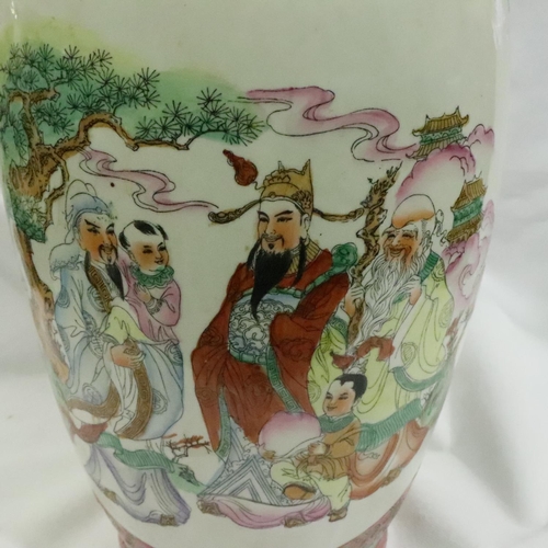 202 - Large Oriental floor vase designed with Gods and figures, H: 49 cm. No visible cracks or chips, some... 