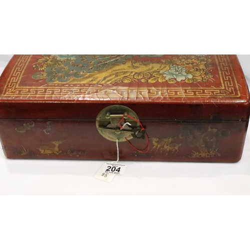 204 - Large Oriental lacquered four bottle wine box, 45 x 40 cm. Not available for in-house P&P, contact P... 