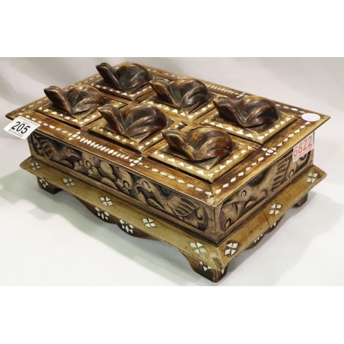 205 - Inlaid box with eight small frog lids, 20 x 3 cm. P&P Group 2 (£18+VAT for the first lot and £3+VAT ... 