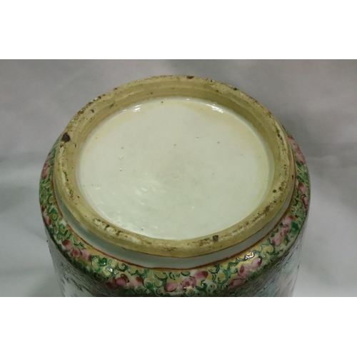 207 - Large Oriental enamelled ceramic cylinder vase, H: 34 cm. Glued repair to rim. P&P Group 3 (£25+VAT ... 