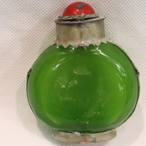 210 - Chinese green jade bottle with white metal dragon decoration, H: 75 mm. P&P Group 1 (£14+VAT for the... 