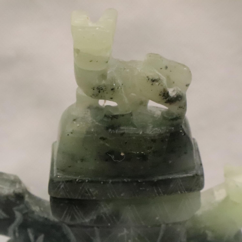 212 - Carved blue jade Chinese flat vase with Fo Dog decoration, H: 17 cm. Good aged condition but does ha... 