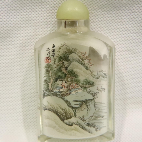 213 - Oriental glass snuff bottle with mountain scenes, H: 60 mm. P&P Group 1 (£14+VAT for the first lot a... 