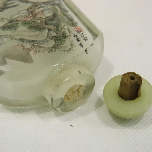 213 - Oriental glass snuff bottle with mountain scenes, H: 60 mm. P&P Group 1 (£14+VAT for the first lot a... 