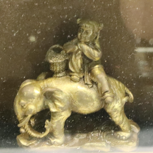 217 - Framed Chinese bronze man on elephant, overall 29 x 29 cm. P&P Group 3 (£25+VAT for the first lot an... 