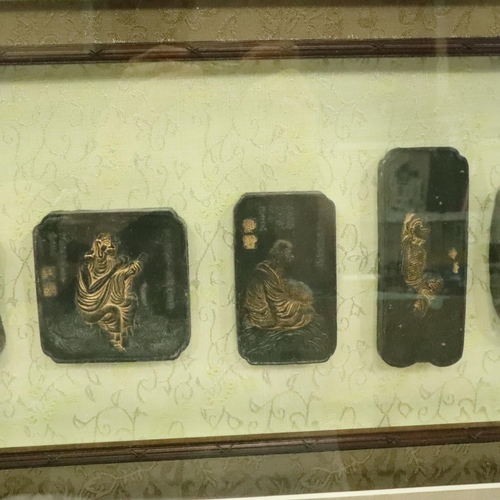 230 - Large framed tableau of eighteen cast bronze Chinese blocks featuring Chinese figures, 95 x 68 cm. N... 