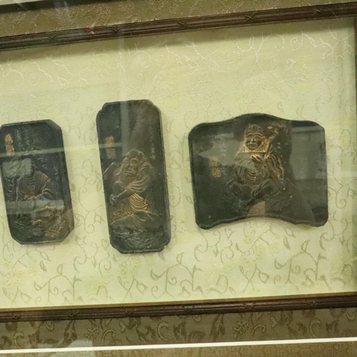 230 - Large framed tableau of eighteen cast bronze Chinese blocks featuring Chinese figures, 95 x 68 cm. N... 