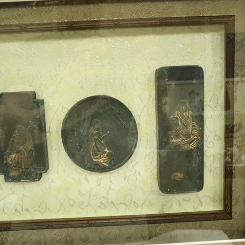 230 - Large framed tableau of eighteen cast bronze Chinese blocks featuring Chinese figures, 95 x 68 cm. N... 