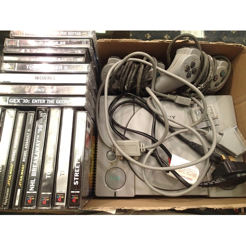 2151 - Sony Playstation PS1 console with two controllers, power supply and AV connection, fourteen games, e... 