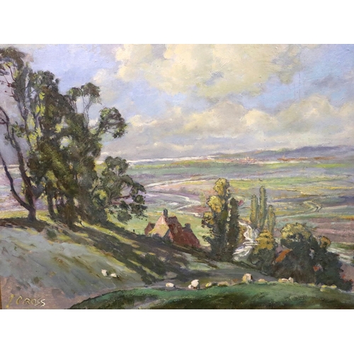 3050 - P Jack Cross (early 20th century): pair of oils on board, landscapes with buildings, each 33 x 40 cm... 