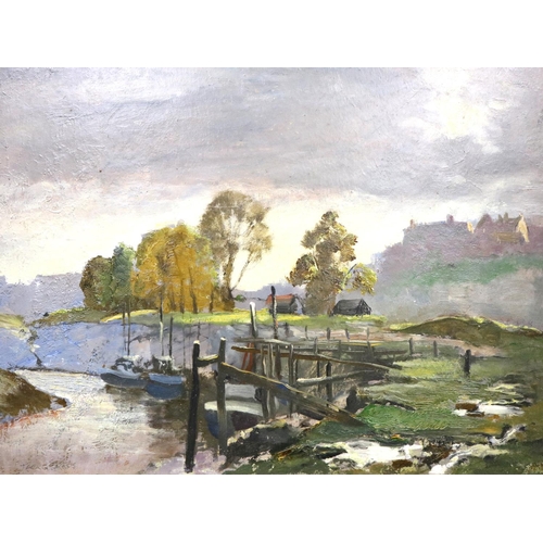 3050 - P Jack Cross (early 20th century): pair of oils on board, landscapes with buildings, each 33 x 40 cm... 