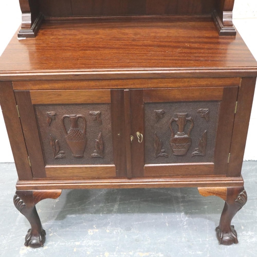 3107 - 20th century mahogany dresser of small proportions, double cupboard, the doors carved, 77 x 43 x 133... 