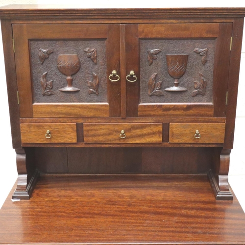 3107 - 20th century mahogany dresser of small proportions, double cupboard, the doors carved, 77 x 43 x 133... 