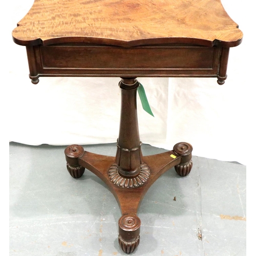 3108 - A Regency flame mahogany and walnut single drawer lamp table with tapered pedestal raised on a tripa... 