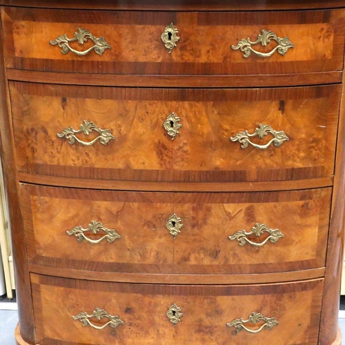 3109 - An early 20th century French walnut bow front chest of four long drawers, with figured walnut and cr... 