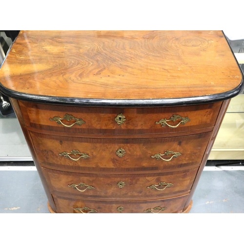 3109 - An early 20th century French walnut bow front chest of four long drawers, with figured walnut and cr... 