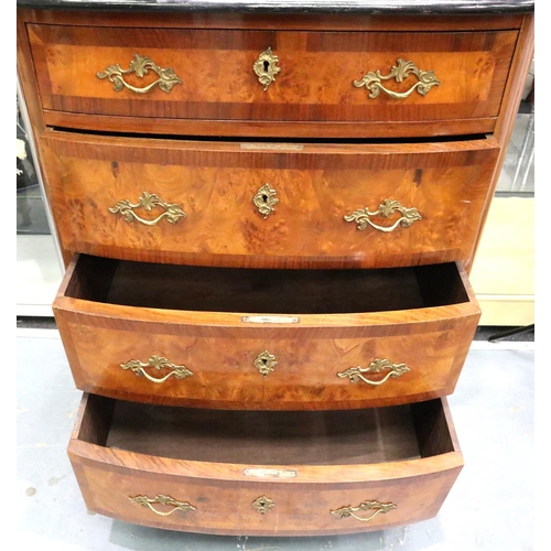 3109 - An early 20th century French walnut bow front chest of four long drawers, with figured walnut and cr... 