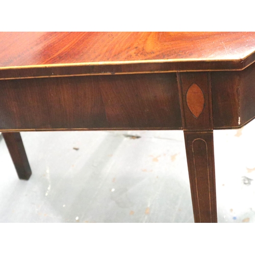 3110 - George III walnut hexagonal fold over tea table, inlaid with satinwood and ebony, raised on tapered ... 