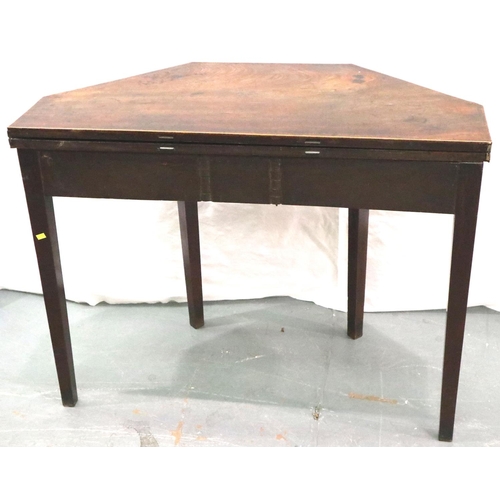 3110 - George III walnut hexagonal fold over tea table, inlaid with satinwood and ebony, raised on tapered ... 