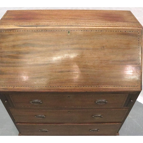 3114 - G & J Weaver of Warrington, an inlaid mahogany bureau, fitted with pigeon holes and leather writing ... 