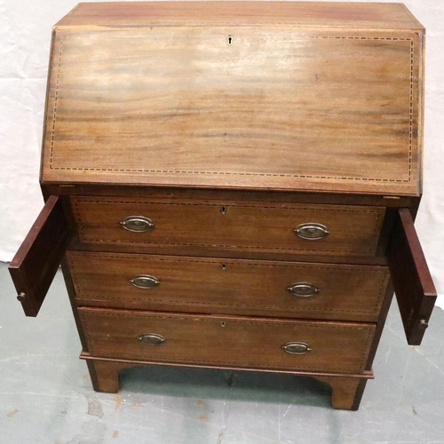 3114 - G & J Weaver of Warrington, an inlaid mahogany bureau, fitted with pigeon holes and leather writing ... 