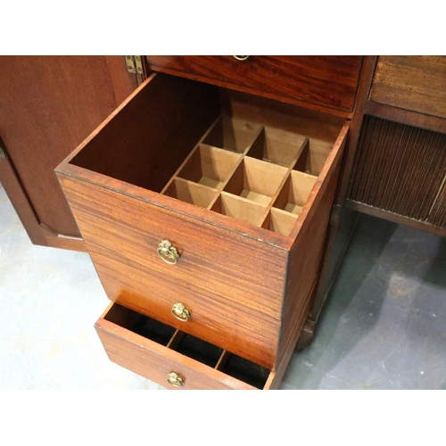 3115 - A Regency mahogany twin pedestal sideboard, each cupboard fitted with drawers and cellarette, the ce... 