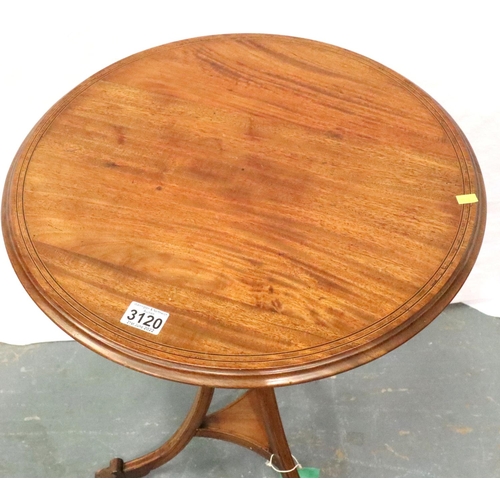 3120 - An Edwardian walnut tripod wine table, inlaid with satinwood and ebony, circular top and turned pede... 