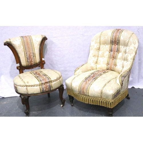 3122 - A Victorian walnut framed parlour chair, with carved scrolling supports and circular seat, together ... 